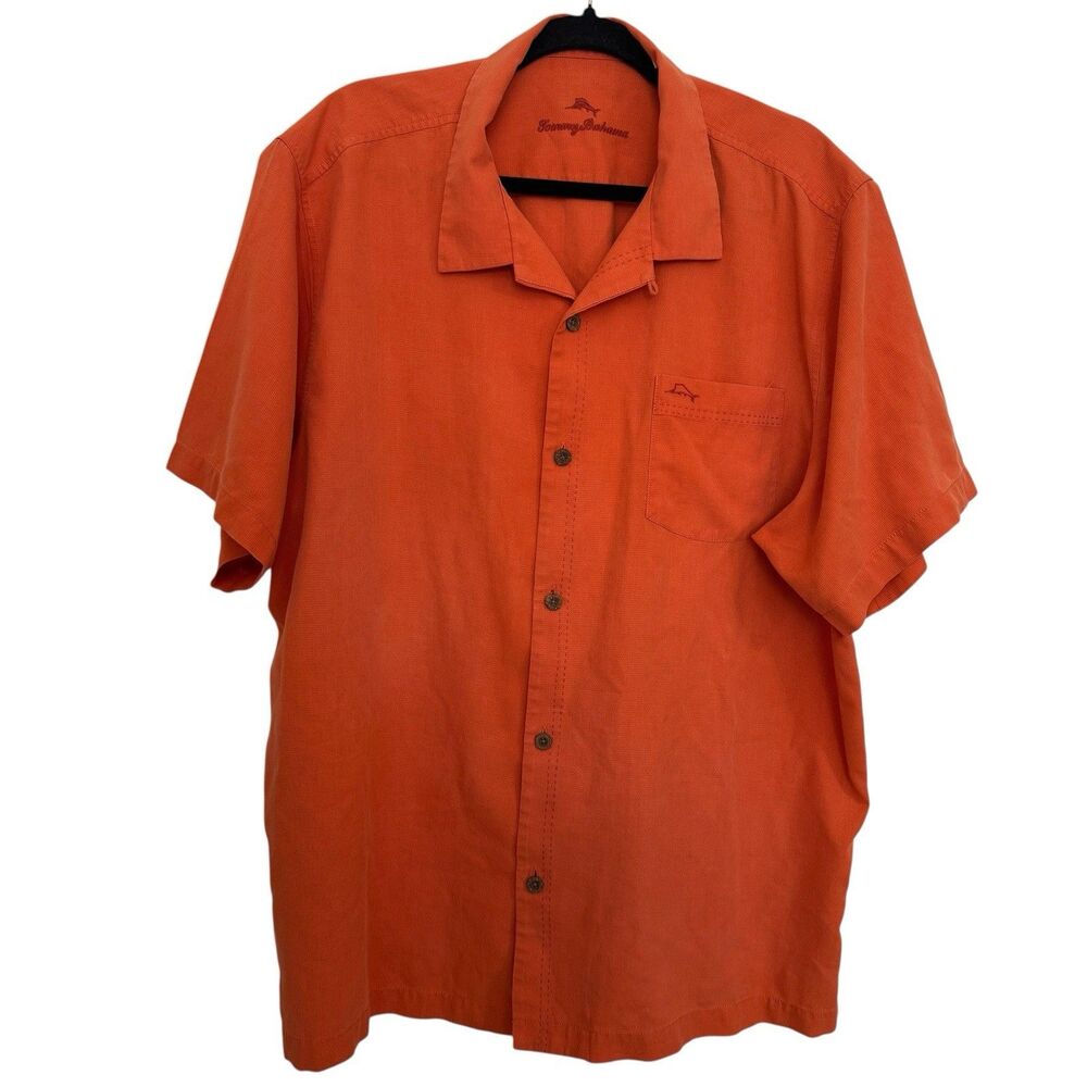Tommy Bahama Men’s XXL Orange Silk Button-Up Shirt Tropical Short Sleeve Casual
